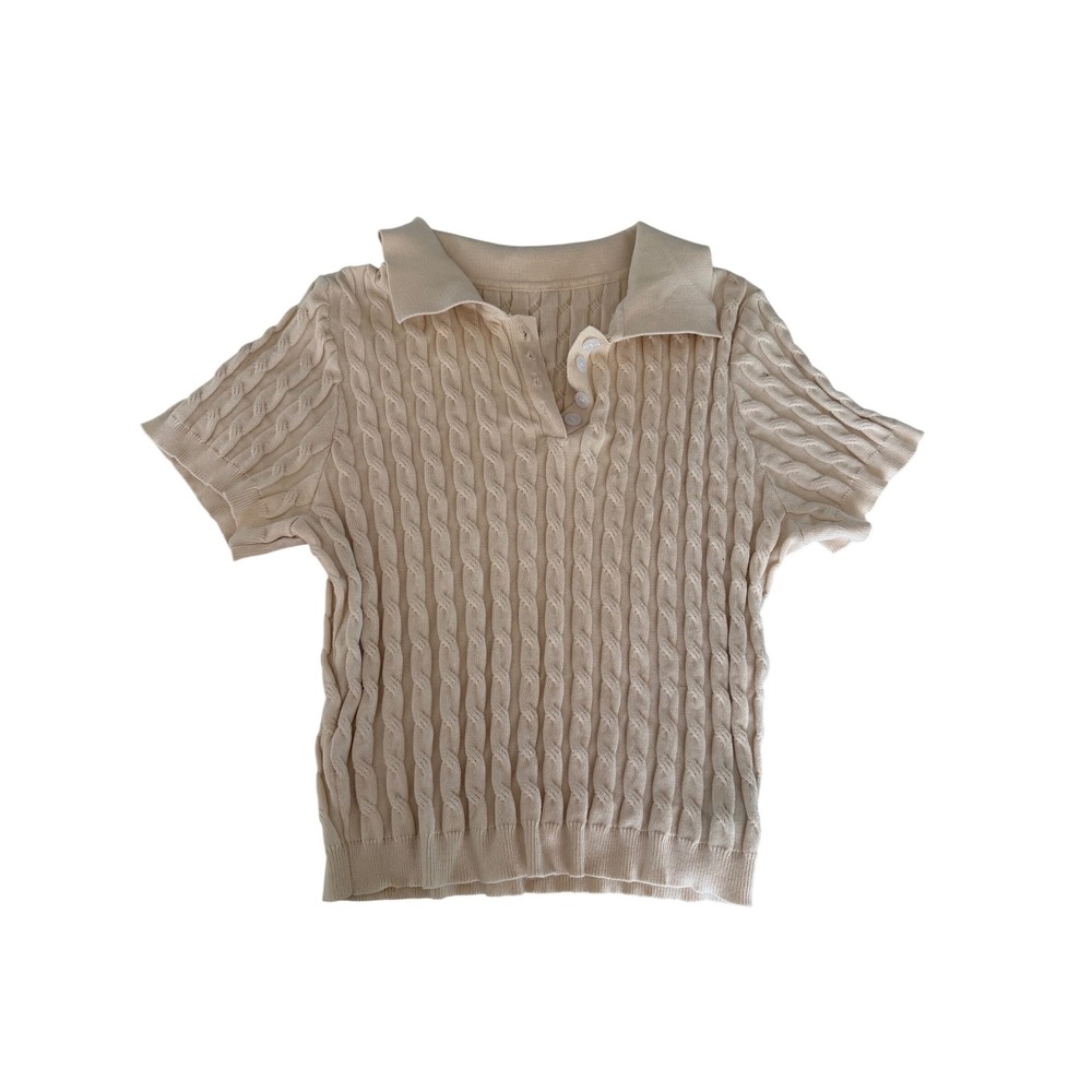 Cider Tan Cable Knit Polo Short Sleeve Sweater Top Size 0XL TAN